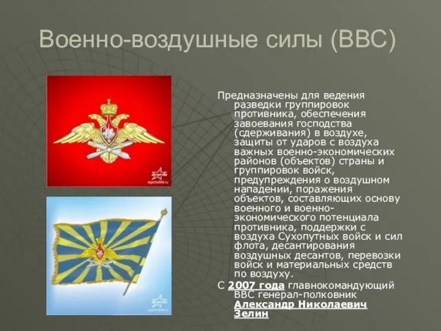 Военно-воздушные силы (ВВС) Предназначены для ведения разведки группировок противника, обеспечения завоевания господства