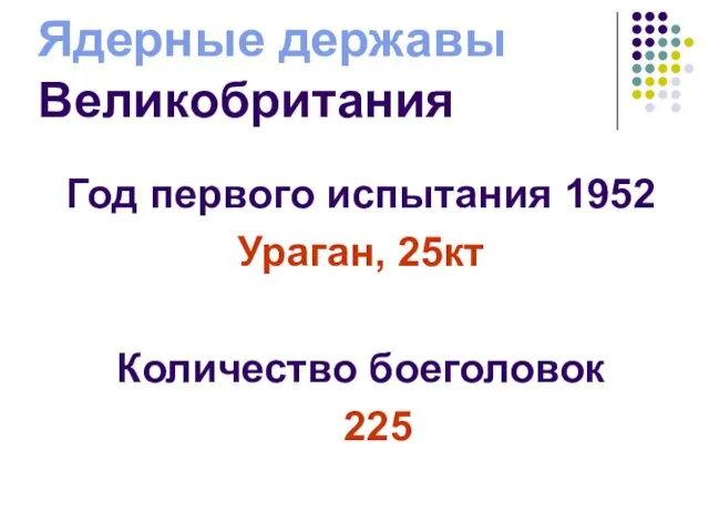 Ядерные державы Великобритания Год первого испытания 1952 Ураган, 25кт Количество боеголовок 225