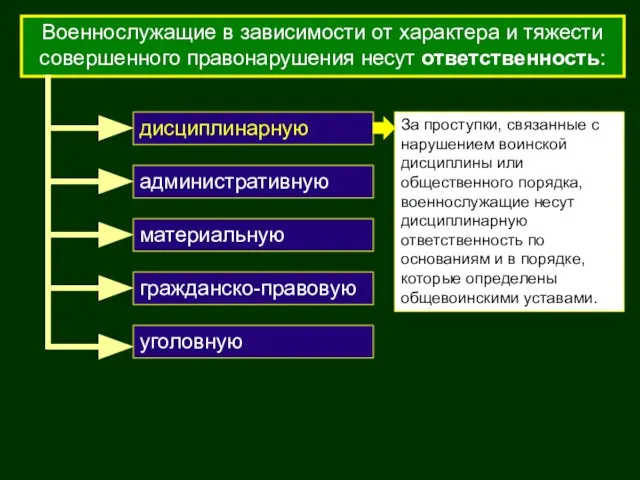 Военнослужащие в зависимости от характера и тяжести совершенного правонарушения несут ответственность: уголовную