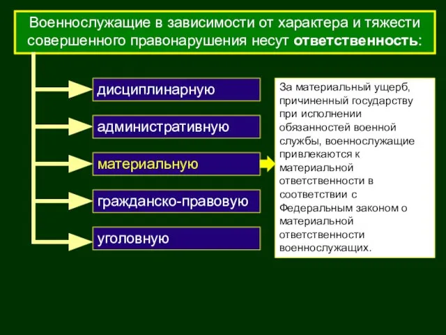 Военнослужащие в зависимости от характера и тяжести совершенного правонарушения несут ответственность: уголовную