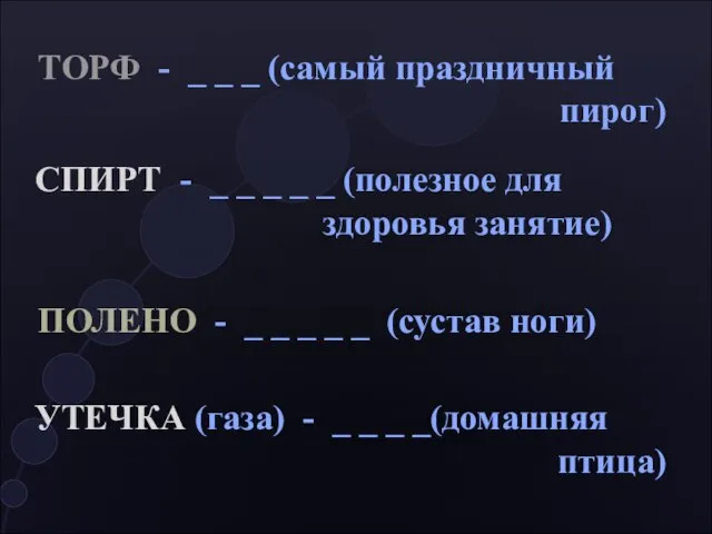 ТОРФ - _ _ _ (самый праздничный пирог) СПИРТ - _ _