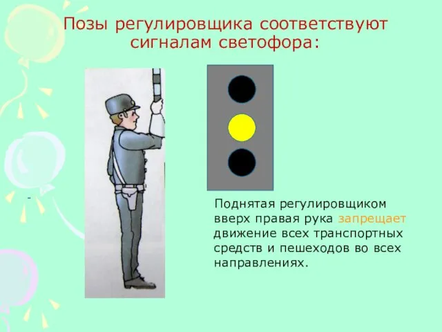 Позы регулировщика соответствуют сигналам светофора: - Поднятая регулировщиком вверх правая рука запрещает
