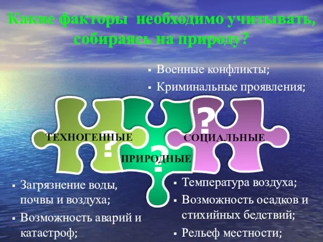 Какие факторы необходимо учитывать, собираясь на природу? ? ? ? Температура воздуха;