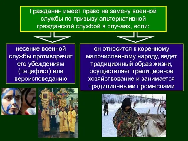 Гражданин имеет право на замену военной службы по призыву альтернативной гражданской службой