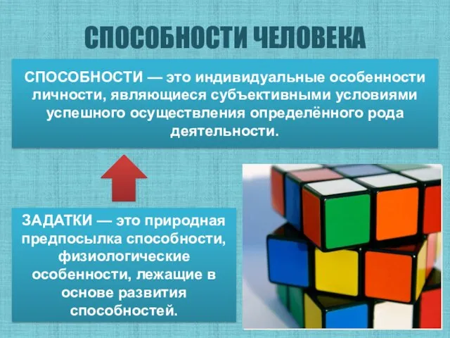 СПОСОБНОСТИ ЧЕЛОВЕКА СПОСОБНОСТИ — это индивидуальные особенности личности, являющиеся субъективными условиями успешного