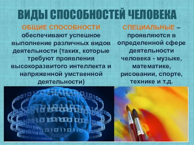 ВИДЫ СПОСОБНОСТЕЙ ЧЕЛОВЕКА СПЕЦИАЛЬНЫЕ – проявляются в определенной сфере деятельности человека -