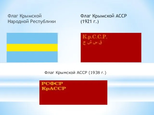 Флаг Крымской Народной Республики Флаг Крымской АССР (1921 г.) Флаг Крымской АССР (1938 г.)
