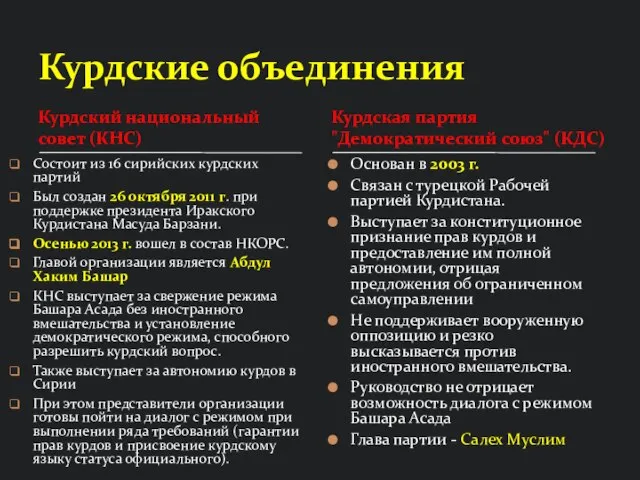 Курдский национальный совет (КНС) Состоит из 16 сирийских курдских партий Был создан