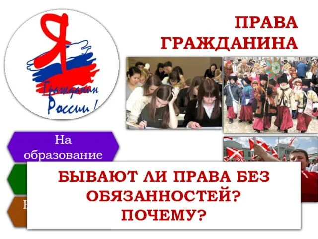 ПРАВА ГРАЖДАНИНА Стр.114 На образование На отдых На собствен-ность БЫВАЮТ ЛИ ПРАВА БЕЗ ОБЯЗАННОСТЕЙ? ПОЧЕМУ?