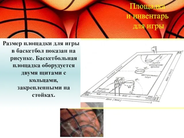 Площадка и инвентарь для игры Размер площадки для игры в баскетбол показан
