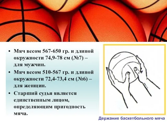 Мяч весом 567-650 гр. и длиной окружности 74,9-78 см (№7) – для