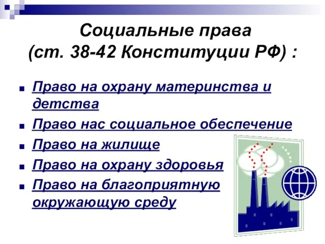 Социальные права (ст. 38-42 Конституции РФ) : Право на охрану материнства и