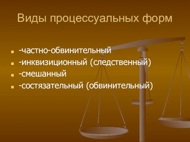 Виды процессуальных форм -частно-обвинительный -инквизиционный (следственный) -смешанный -состязательный (обвинительный)