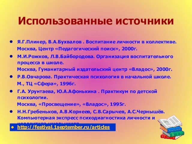 Использованные источники Я.Г.Плинер, В.А.Бухвалов . Воспитание личности в коллективе. Москва, Центр «Педагогический