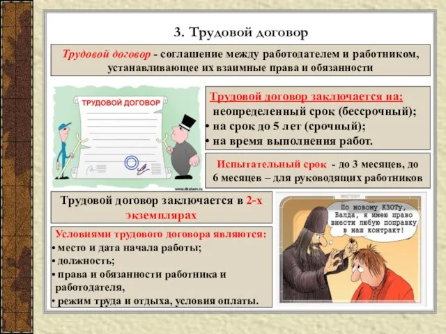 3. Трудовой договор Трудовой договор - соглашение между работодателем и работником, устанавливающее