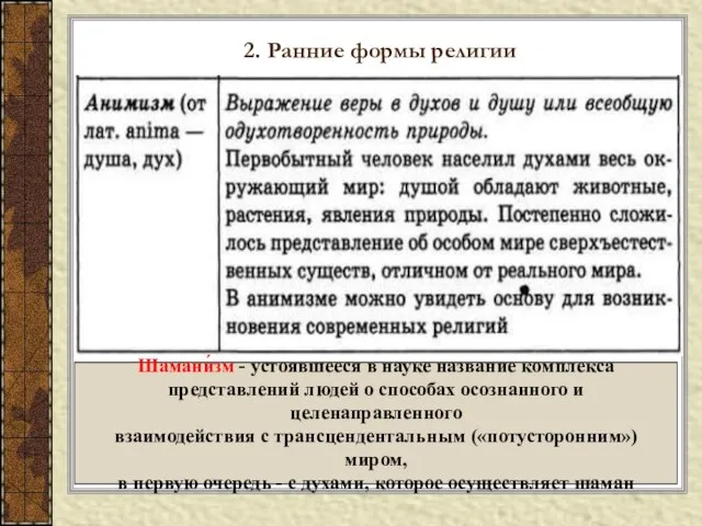 2. Ранние формы религии Шамани́зм - устоявшееся в науке название комплекса представлений