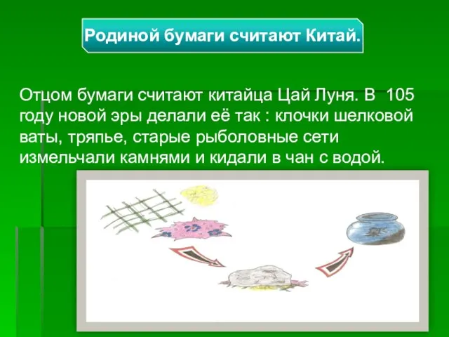 Отцом бумаги считают китайца Цай Луня. В 105 году новой эры делали