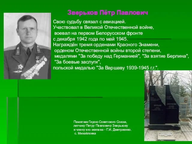 Зверьков Пётр Павлович Свою судьбу связал с авиацией. Участвовал в Великой Отечественной