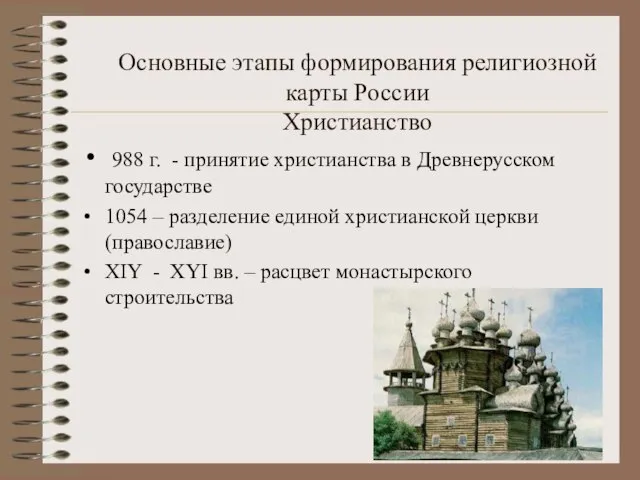 Основные этапы формирования религиозной карты России Христианство 988 г. - принятие христианства