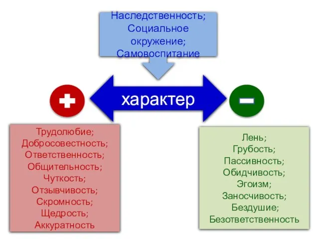 характер Наследственность; Социальное окружение; Самовоспитание Трудолюбие; Добросовестность; Ответственность; Общительность; Чуткость; Отзывчивость; Скромность;