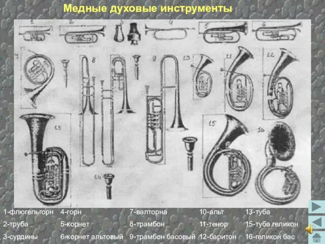 Медные духовые инструменты 1-флюгельгорн 2-труба 3-сурдины 4-горн 5-корнет 6-корнет альтовый 7-валторна 8-трамбон