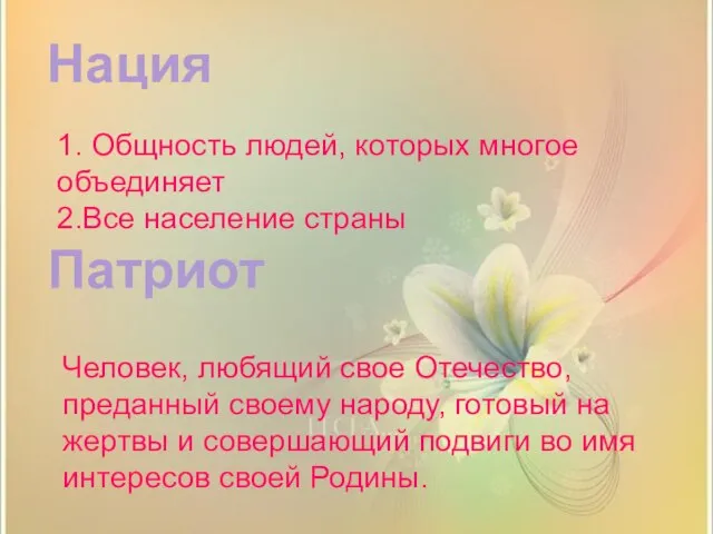 Патриот Нация 1. Общность людей, которых многое объединяет 2.Все население страны Человек,