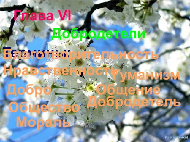 Добродетели Глава VI Термины: Благотворительность Гуманизм Добро Добродетель Мораль Нравственность Общение Общество