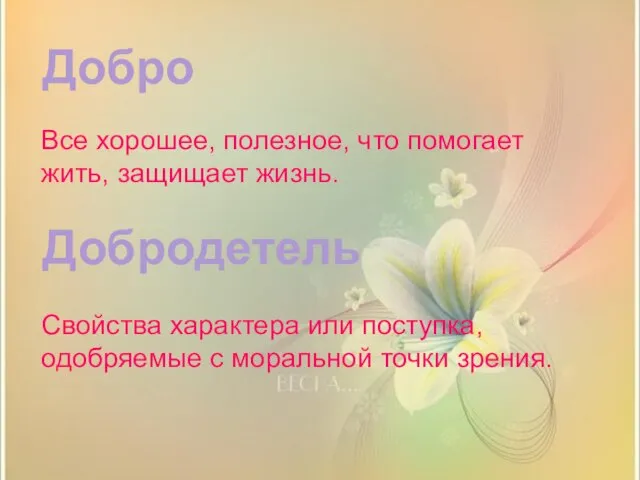 Добродетель Добро Все хорошее, полезное, что помогает жить, защищает жизнь. Свойства характера