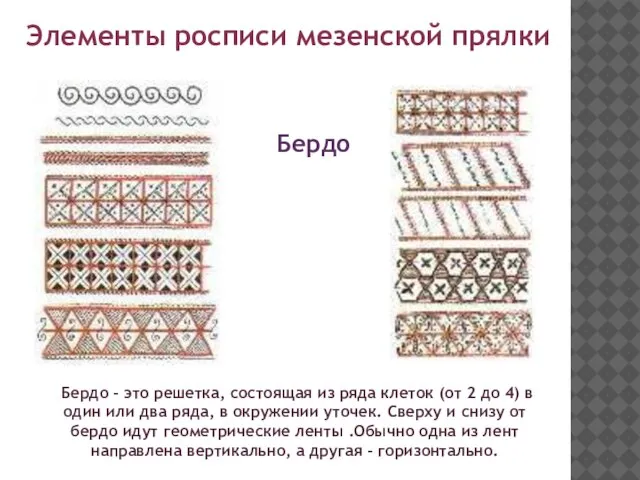 Элементы росписи мезенской прялки Бердо Бердо - это решетка, состоящая из ряда