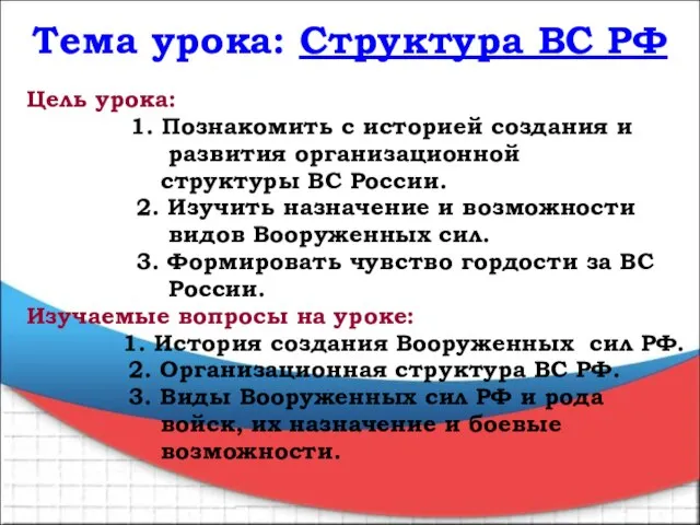 Тема урока: Структура ВС РФ Цель урока: 1. Познакомить с историей создания