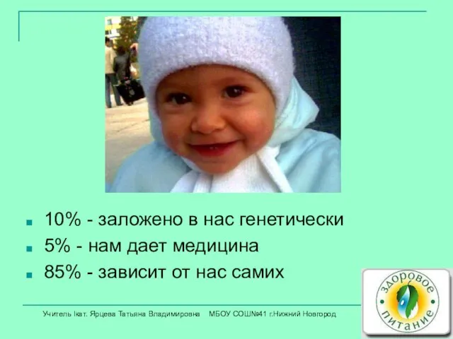 10% - заложено в нас генетически 5% - нам дает медицина 85%