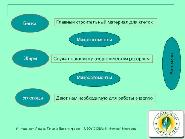 Белки Жиры Углеводы Главный строительный материал для клеток Служат организму энергетическим резервом