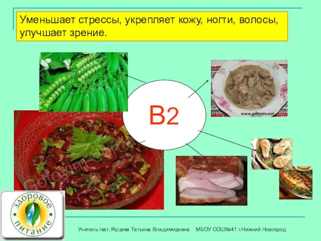 В2 Уменьшает стрессы, укрепляет кожу, ногти, волосы, улучшает зрение. Учитель Iкат. Ярцева