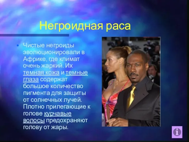 Негроидная раса Чистые негроиды эволюционировали в Африке, где климат очень жаркий. Их