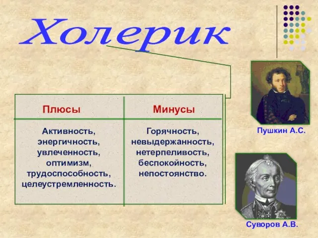 Холерик Пушкин А.С. Суворов А.В. Плюсы Минусы Активность, энергичность, увлеченность, оптимизм, трудоспособность,