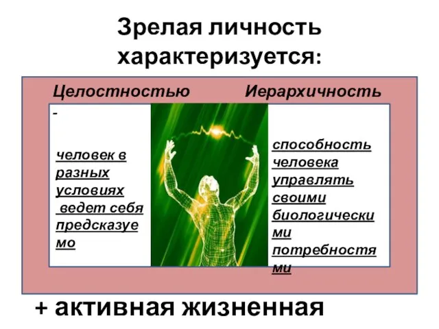 Зрелая личность характеризуется: Целостностью - человек в разных условиях ведет себя предсказуемо