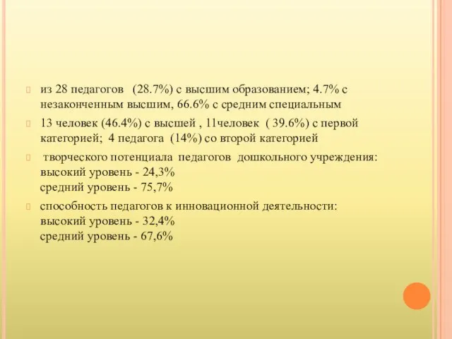 из 28 педагогов (28.7%) с высшим образованием; 4.7% с незаконченным высшим, 66.6%