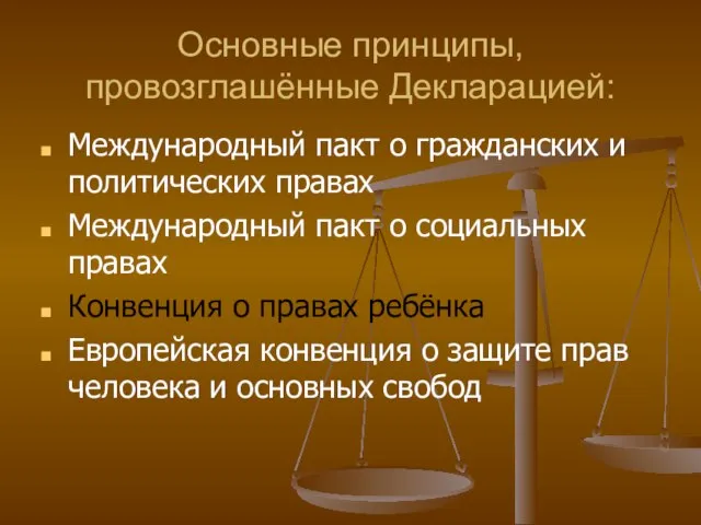 Основные принципы, провозглашённые Декларацией: Международный пакт о гражданских и политических правах Международный