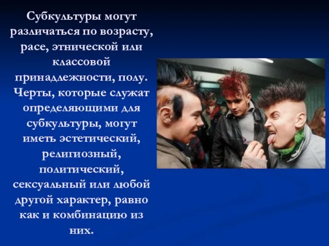 Субкультуры могут различаться по возрасту, расе, этнической или классовой принадлежности, полу. Черты,