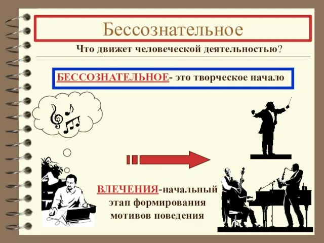 Бессознательное Что движет человеческой деятельностью? БЕССОЗНАТЕЛЬНОЕ- это творческое начало ВЛЕЧЕНИЯ-начальный этап формирования мотивов поведения