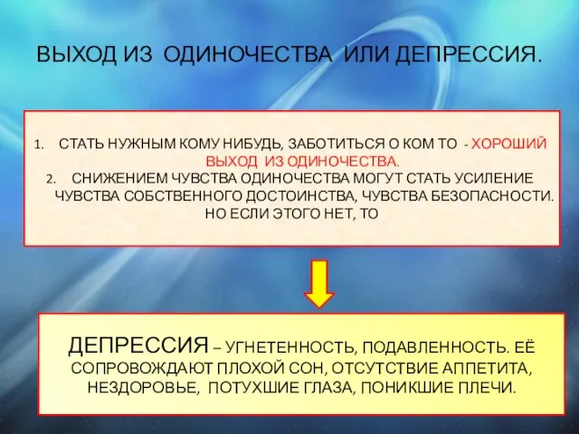 ВЫХОД ИЗ ОДИНОЧЕСТВА ИЛИ ДЕПРЕССИЯ. СТАТЬ НУЖНЫМ КОМУ НИБУДЬ, ЗАБОТИТЬСЯ О КОМ