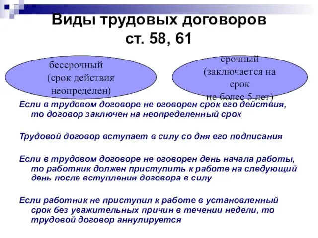 Виды трудовых договоров ст. 58, 61 Если в трудовом договоре не оговорен