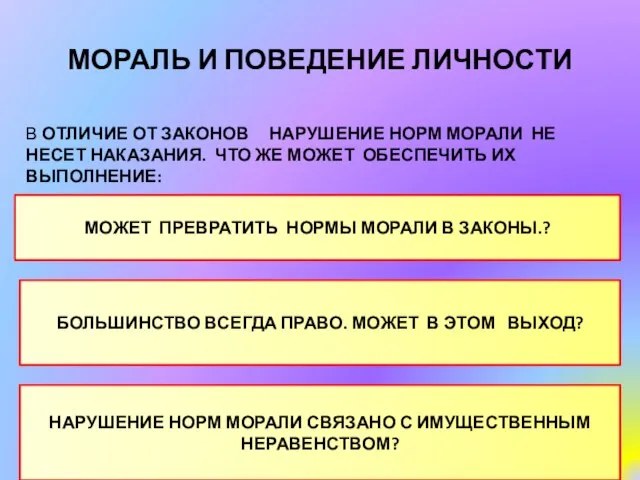 МОРАЛЬ И ПОВЕДЕНИЕ ЛИЧНОСТИ В ОТЛИЧИЕ ОТ ЗАКОНОВ НАРУШЕНИЕ НОРМ МОРАЛИ НЕ