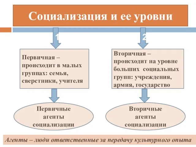 Социализация и ее уровни 1 2 Первичная – происходит в малых группах: