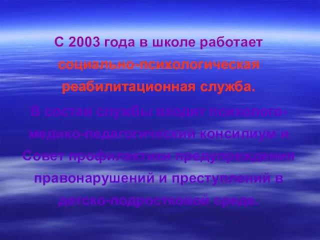 С 2003 года в школе работает социально-психологическая реабилитационная служба. В состав службы