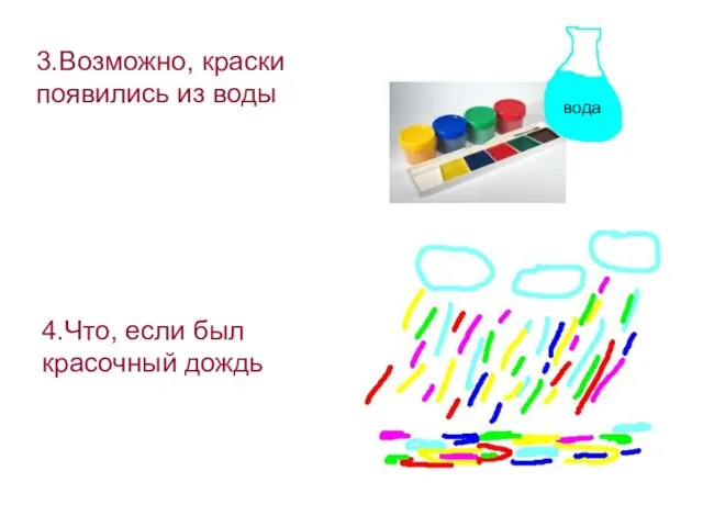 3.Возможно, краски появились из воды 4.Что, если был красочный дождь вода