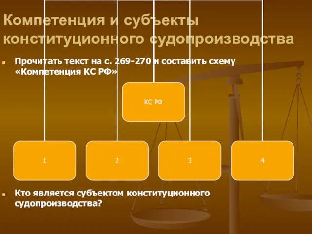 Компетенция и субъекты конституционного судопроизводства Прочитать текст на с. 269-270 и составить