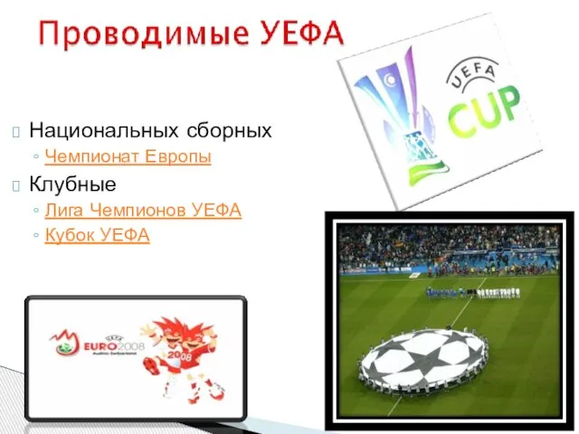 Национальных сборных Чемпионат Европы Клубные Лига Чемпионов УЕФА Кубок УЕФА
