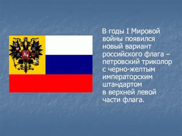 В годы I Мировой войны появился новый вариант российского флага – петровский
