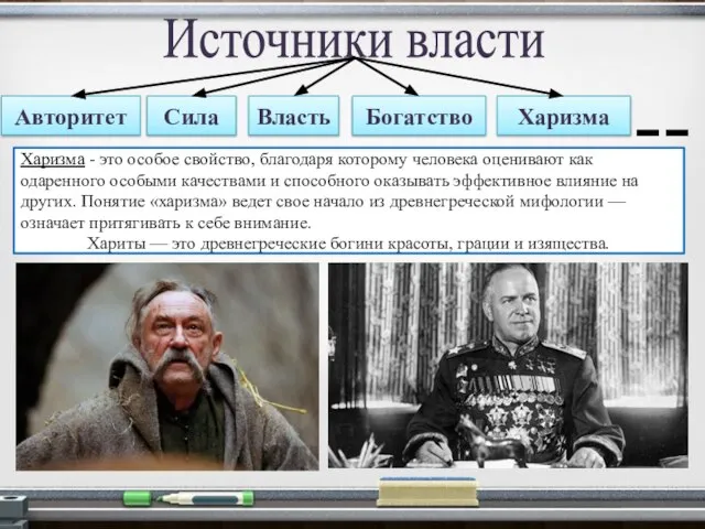 Источники власти Авторитет Сила Власть Богатство Харизма Харизма - это особое свойство,